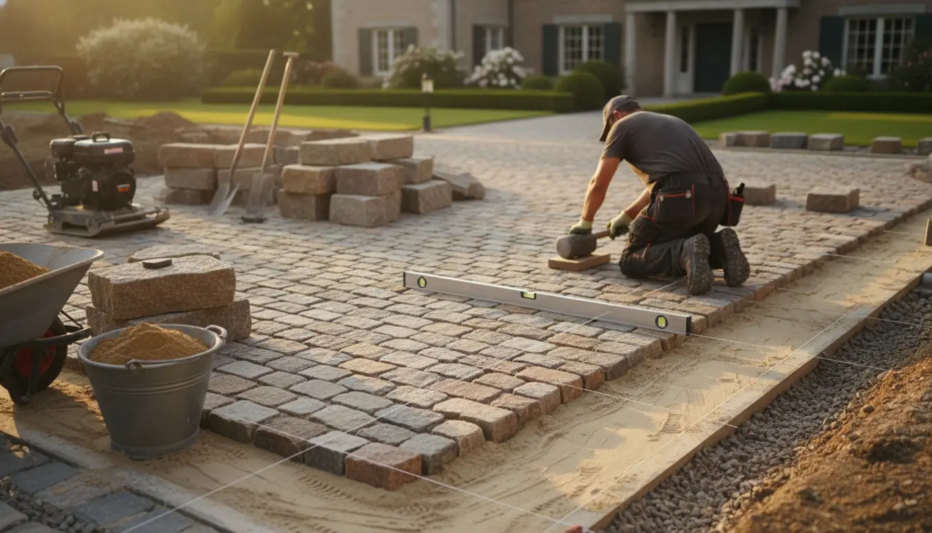 Nærbillede af lægning af store brosten på en forberedt grus- og sandbund ved en indkørsel.