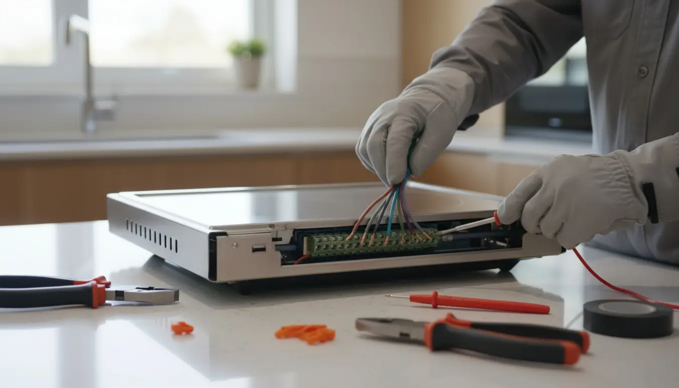 Nærbillede af hænder i isolerede handsker, der tilslutter en kogeplade til usædvanligt farvede ledninger.