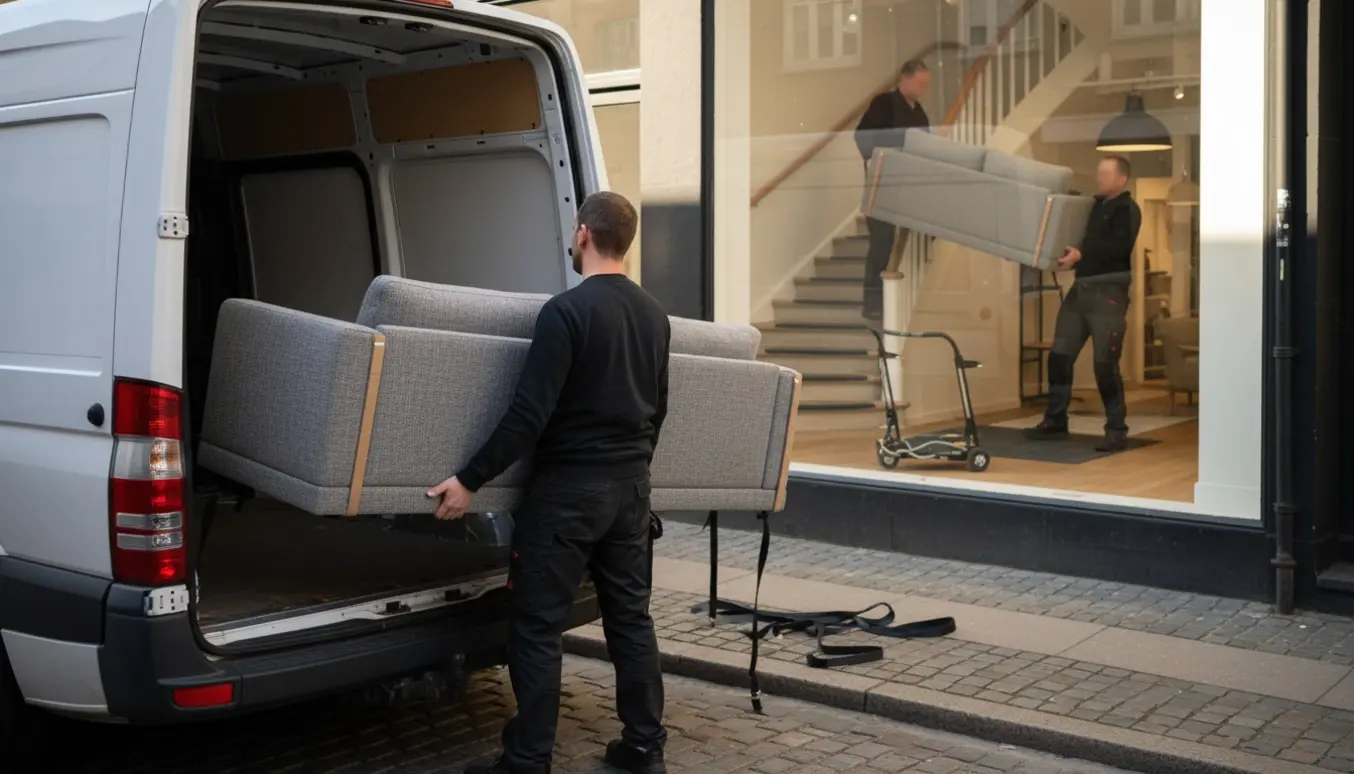 To flyttemænd læsser en sofa ind i en hvid varevogn uden for en butik i Odense, klar til at blive båret op ad trappen til 1. sal.