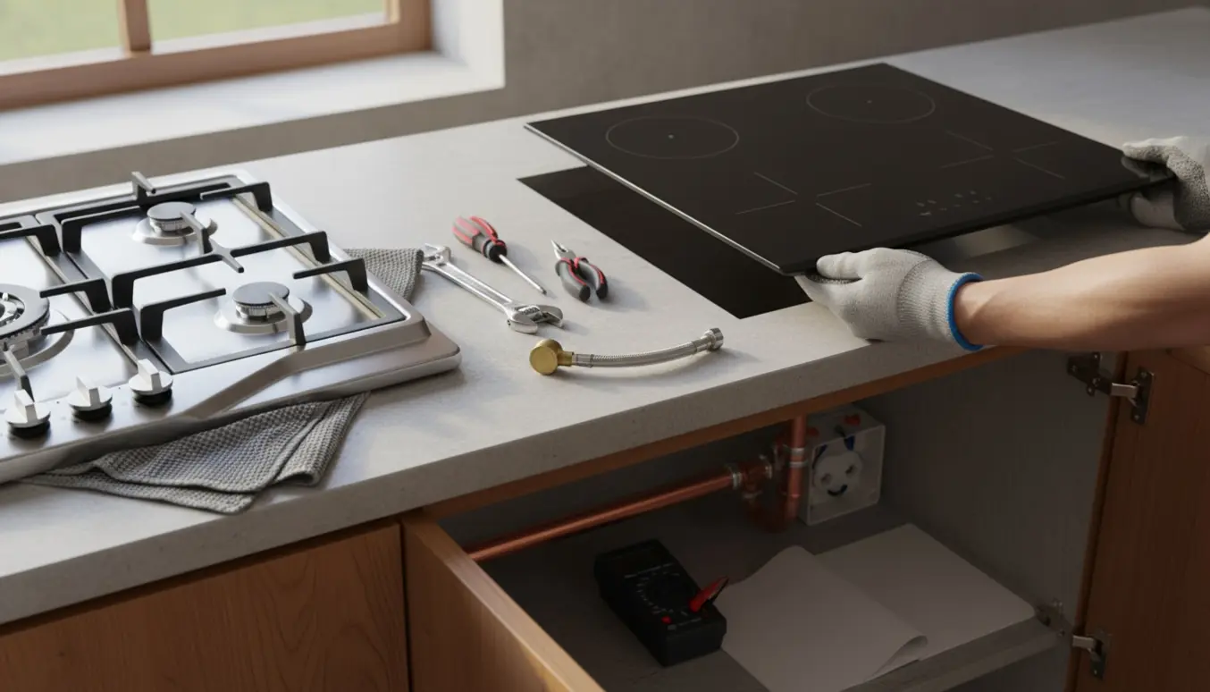 Hænder afmonterer en gammel gaskogeplade og monterer en ny sort induktionskogeplade i et lyst køkken.
