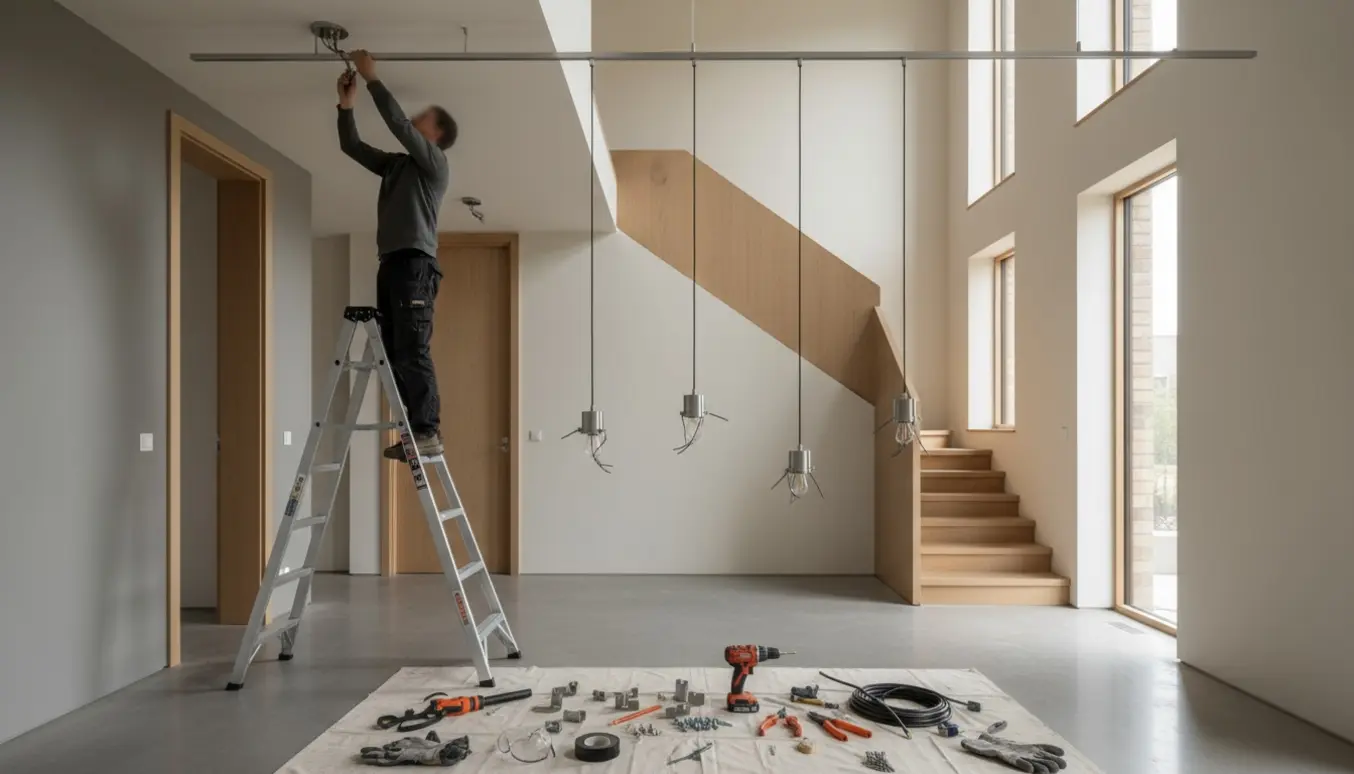 Installation af lamper og skinnesystem over trappe med specialstige og værktøj.