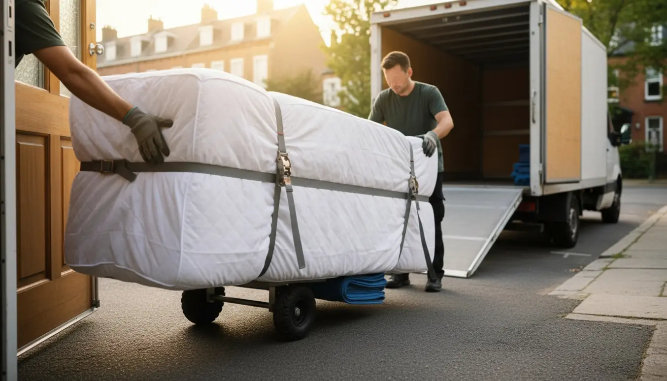En 160 cm madras i beskyttelsescover bæres mod en åben flyttevogn på en stille villavej.