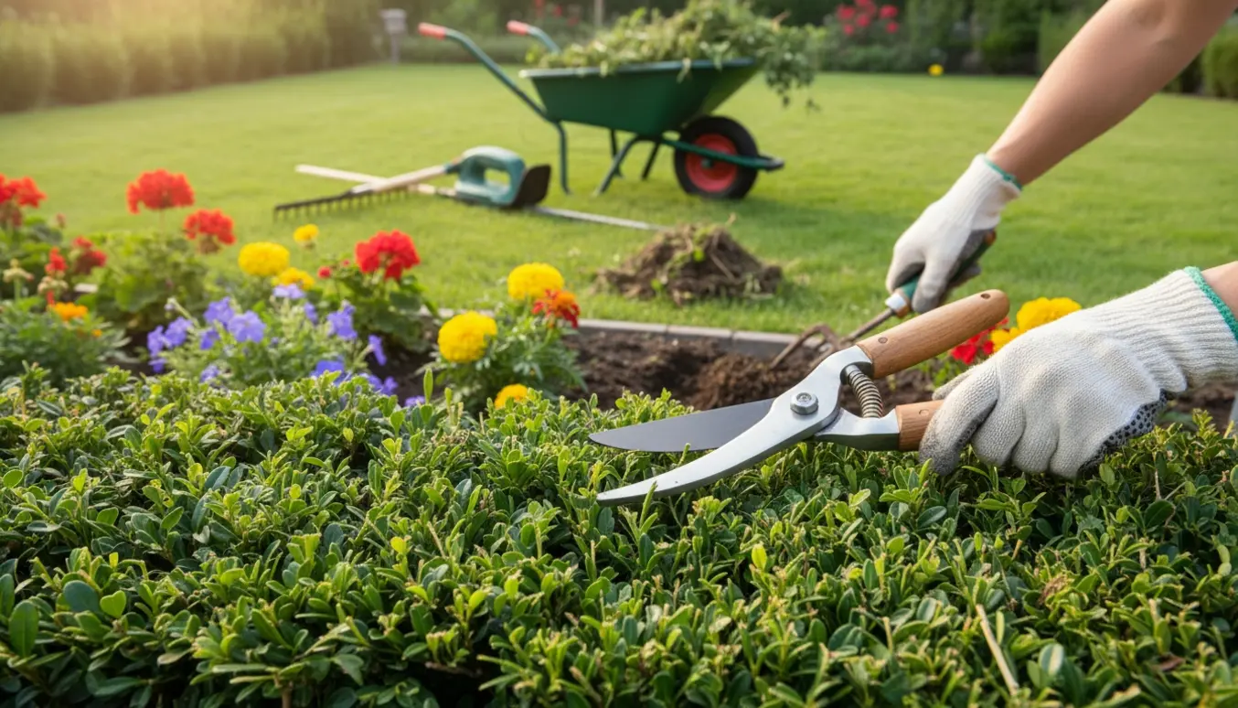 Gloveklædte hænder klipper en tæt hæk og fjerner ukrudt i en soloplyst have.
