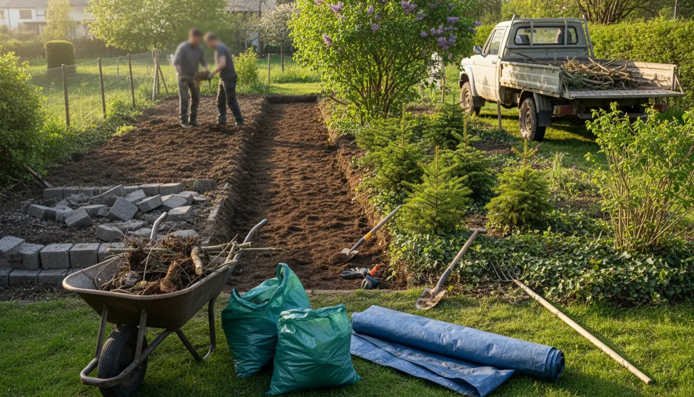 Smal baghave under oprydning med trillebør, sække og et løst højbed af fliser ved at blive fjernet.
