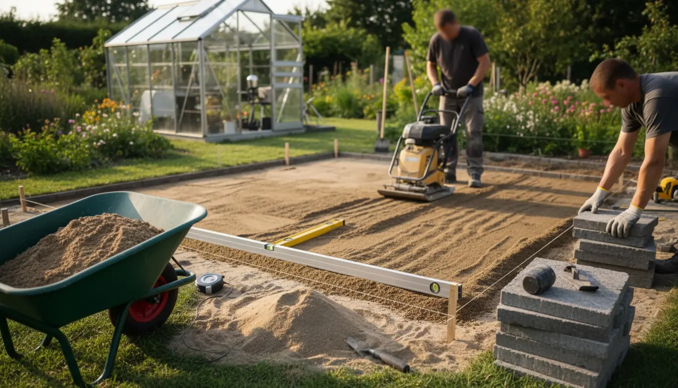 Forberedt haveområde med sandbund, stampemaskine og bunker af fliser foran et drivhus.