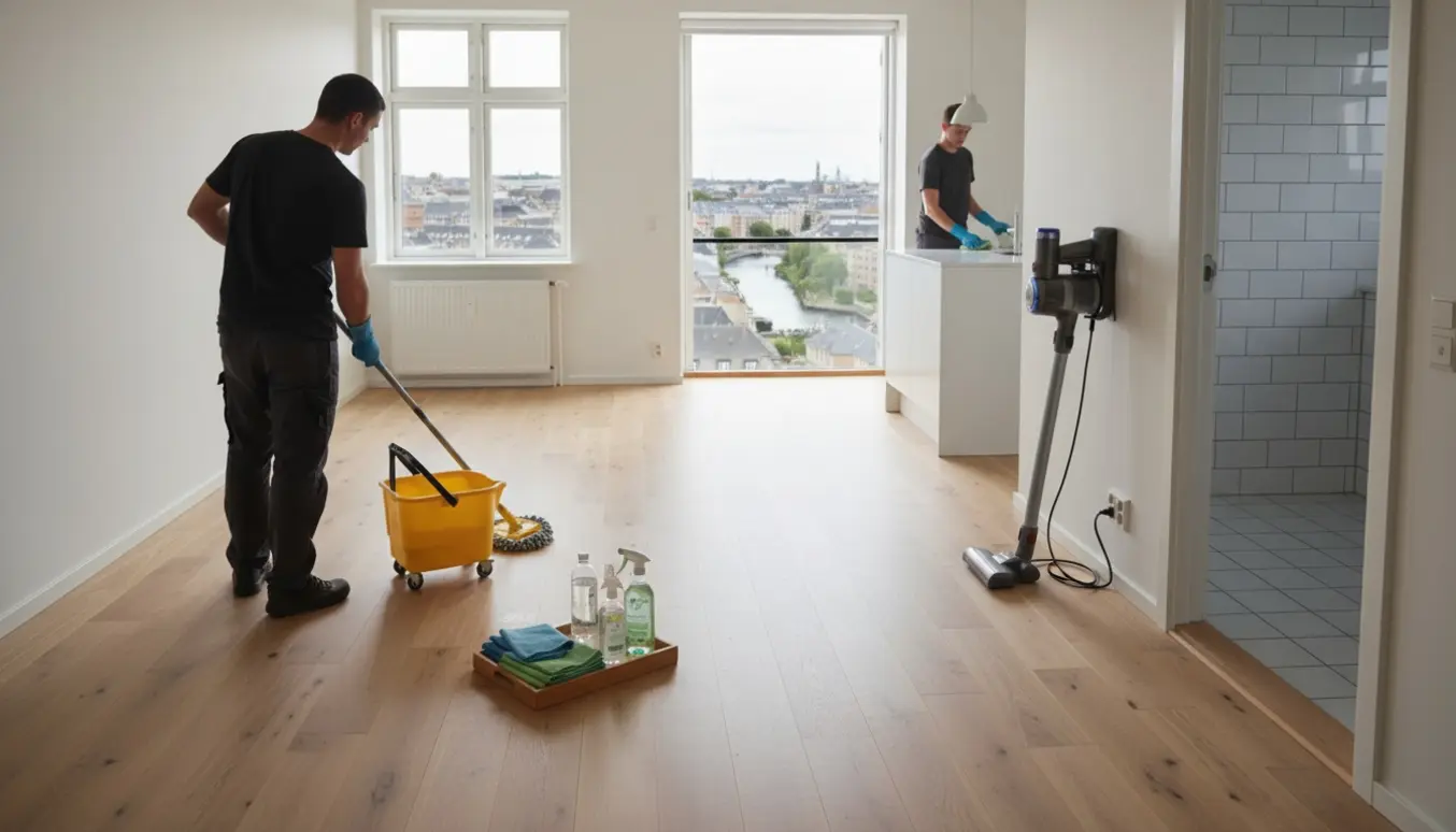 Flytterengøring i lys københavnsk lejlighed med trægulve, rengøringsudstyr og en person uden synligt ansigt.