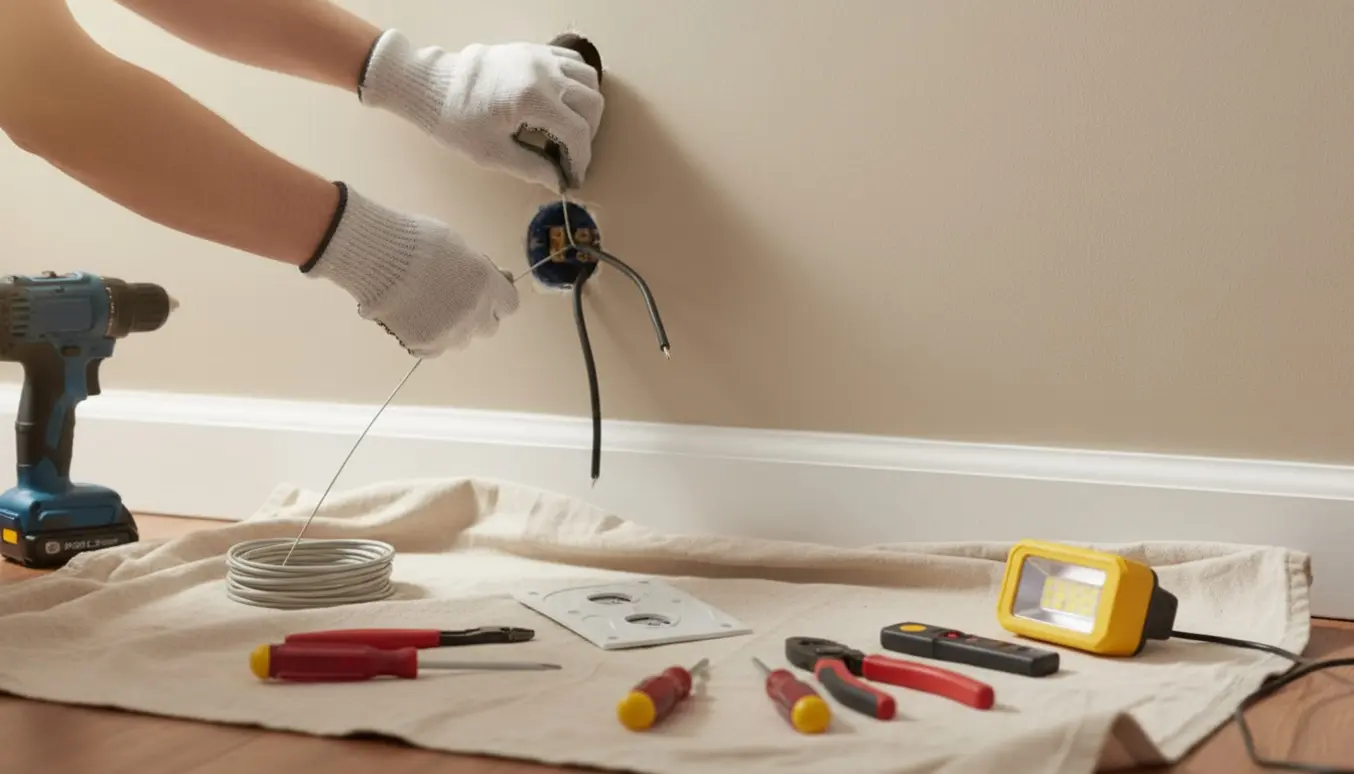 Hænder trækker en ny plastisoleret ledning gennem en vægåbning med værktøj og kabelrulle ved siden af.