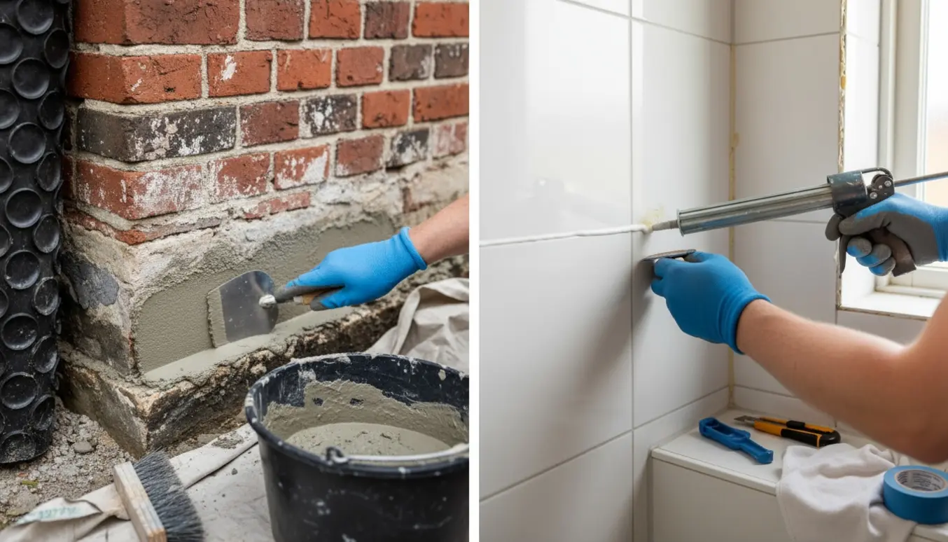 Nærbillede af sokkelreparation med frisk puds og samtidig udskiftning af silikonefuge i en bruseniche.