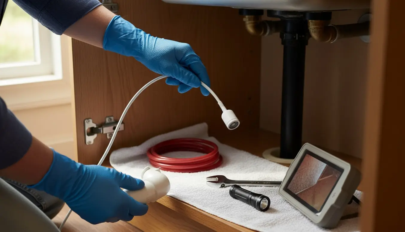 Mikrokamera føres ind i afløbsrøret under vasken med afmonteret P‑trap og værktøj omkring.