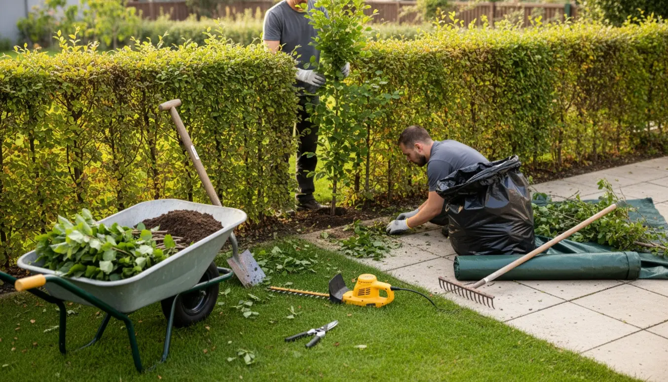 Plantning af bøgehæk og hækklipning i en ryddet villahave med kantklippet græs og opsamlet haveaffald.