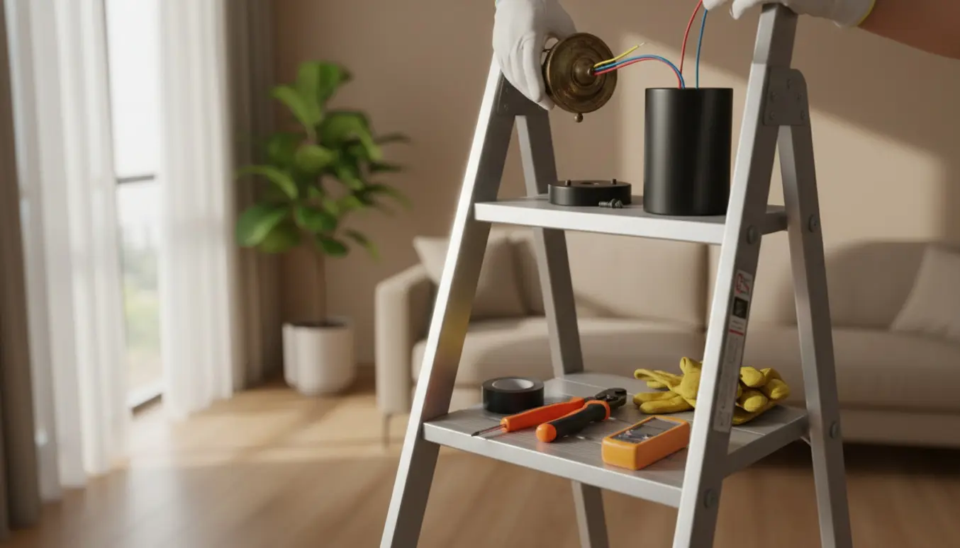 Nærbillede af hænder på en stige, der afmonterer en gammel loftlampe og forbereder montering af en ny.