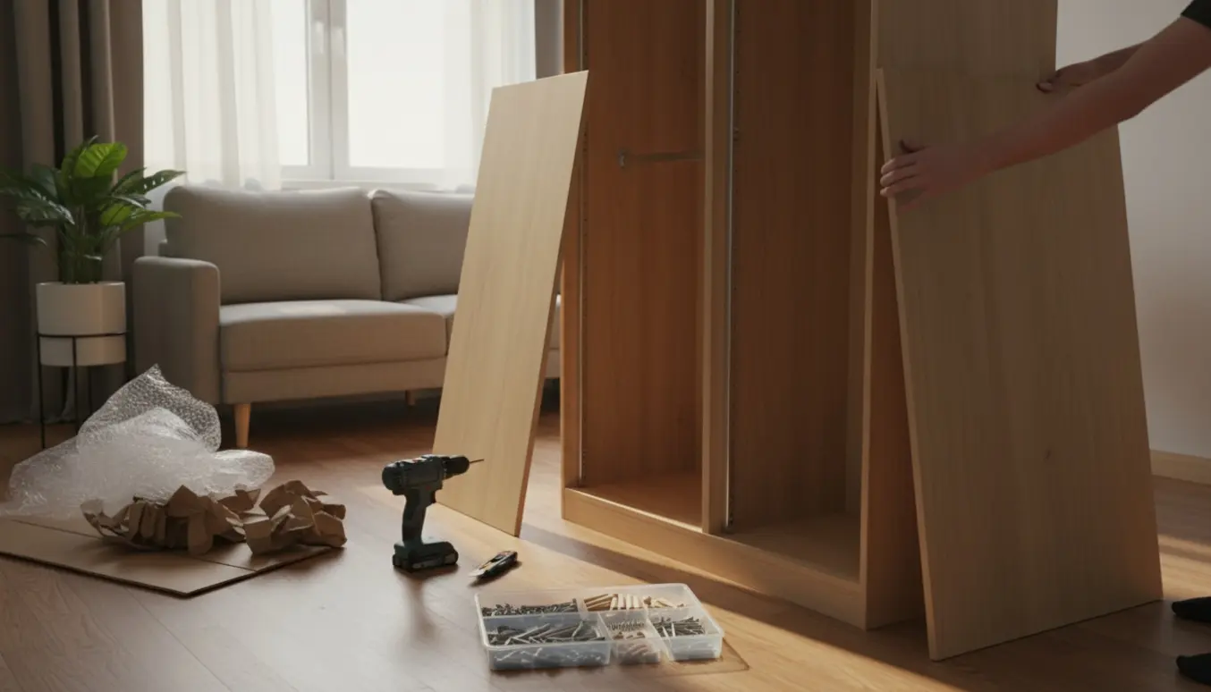 Delvist samlet garderobeskab i en lille lejlighed med emballage og værktøj omkring, kun hænder i billedet.