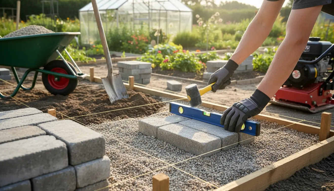 Nærbillede af belægningsarbejde til drivhus med herregårdssten, grus og værktøj.