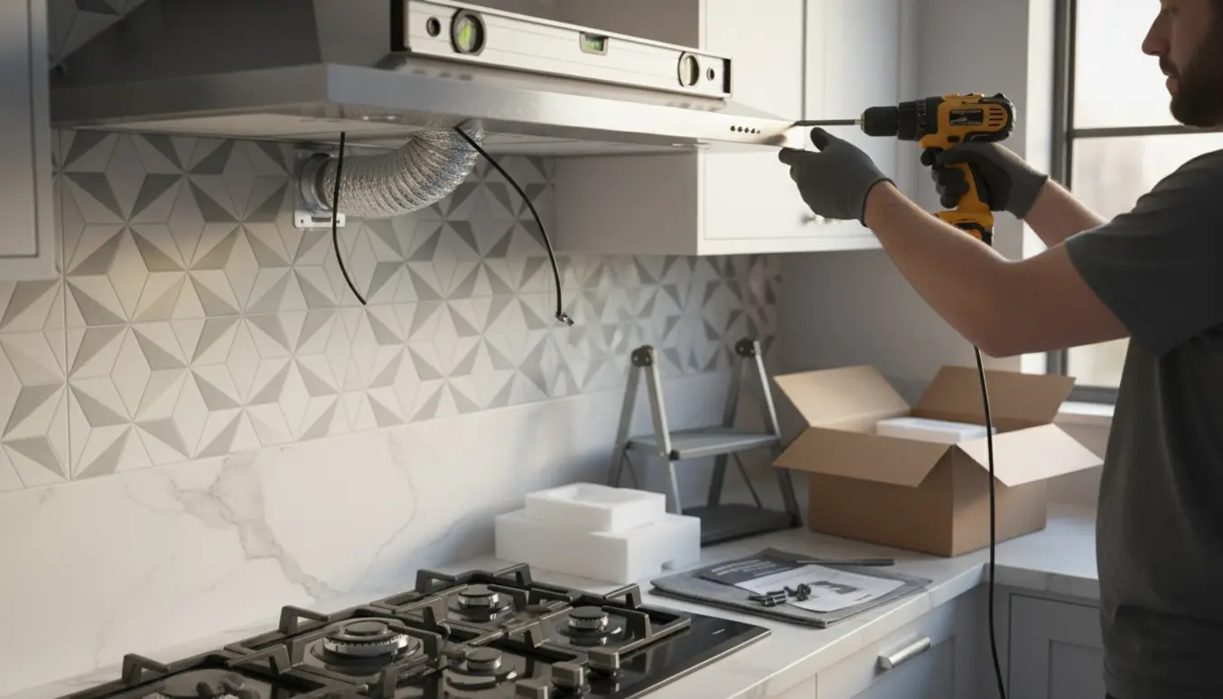 Nærbillede af hænder der monterer en ny rustfri emhætte over komfuret i et lyst køkken.