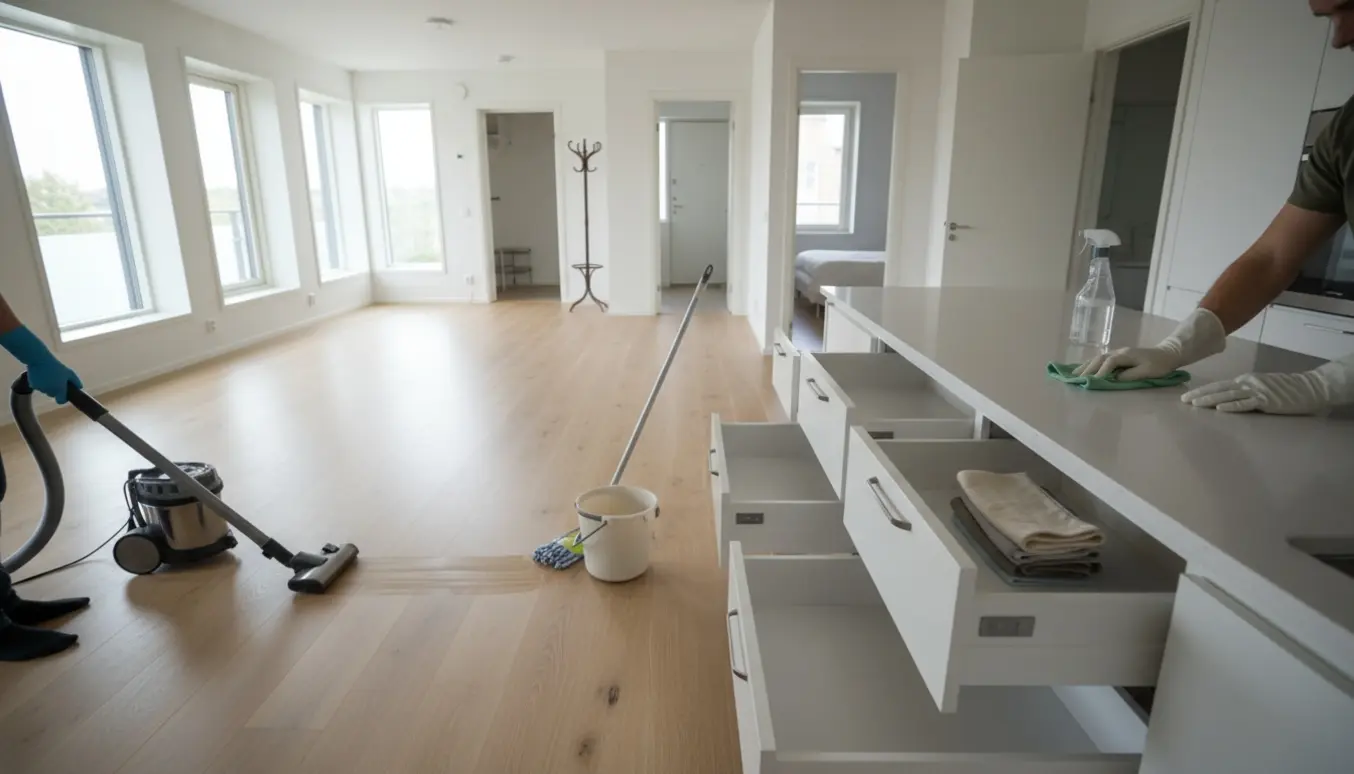 Lys lejlighed hvor rengøring er i gang med støvsugning, gulvvask og åbne skuffer.