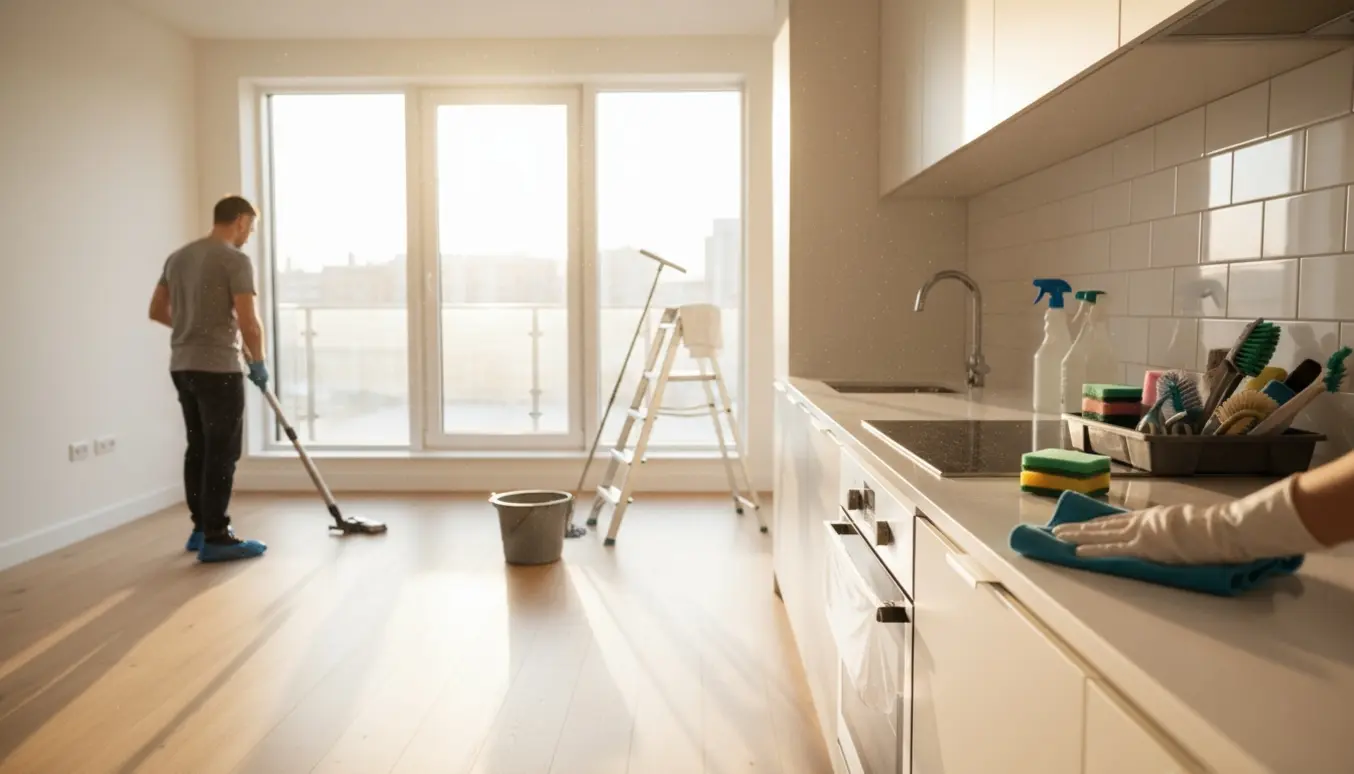 Rengøringspersonale forbereder en nybygget lejlighed til indflytning ved at aftørre overflader og fjerne beskyttelsesfilm.