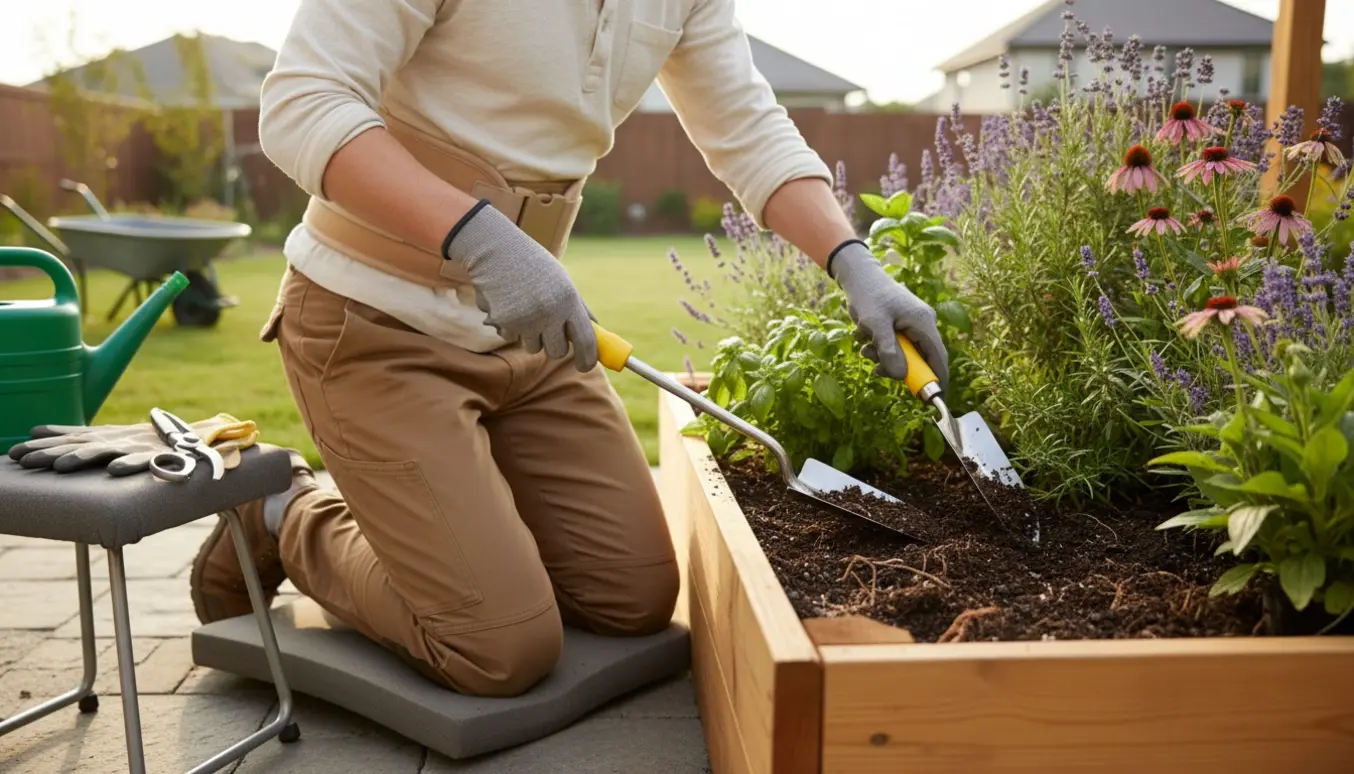 Person med støttebælte plejer en hævet plantekasse i haven med ergonomiske haveredskaber.