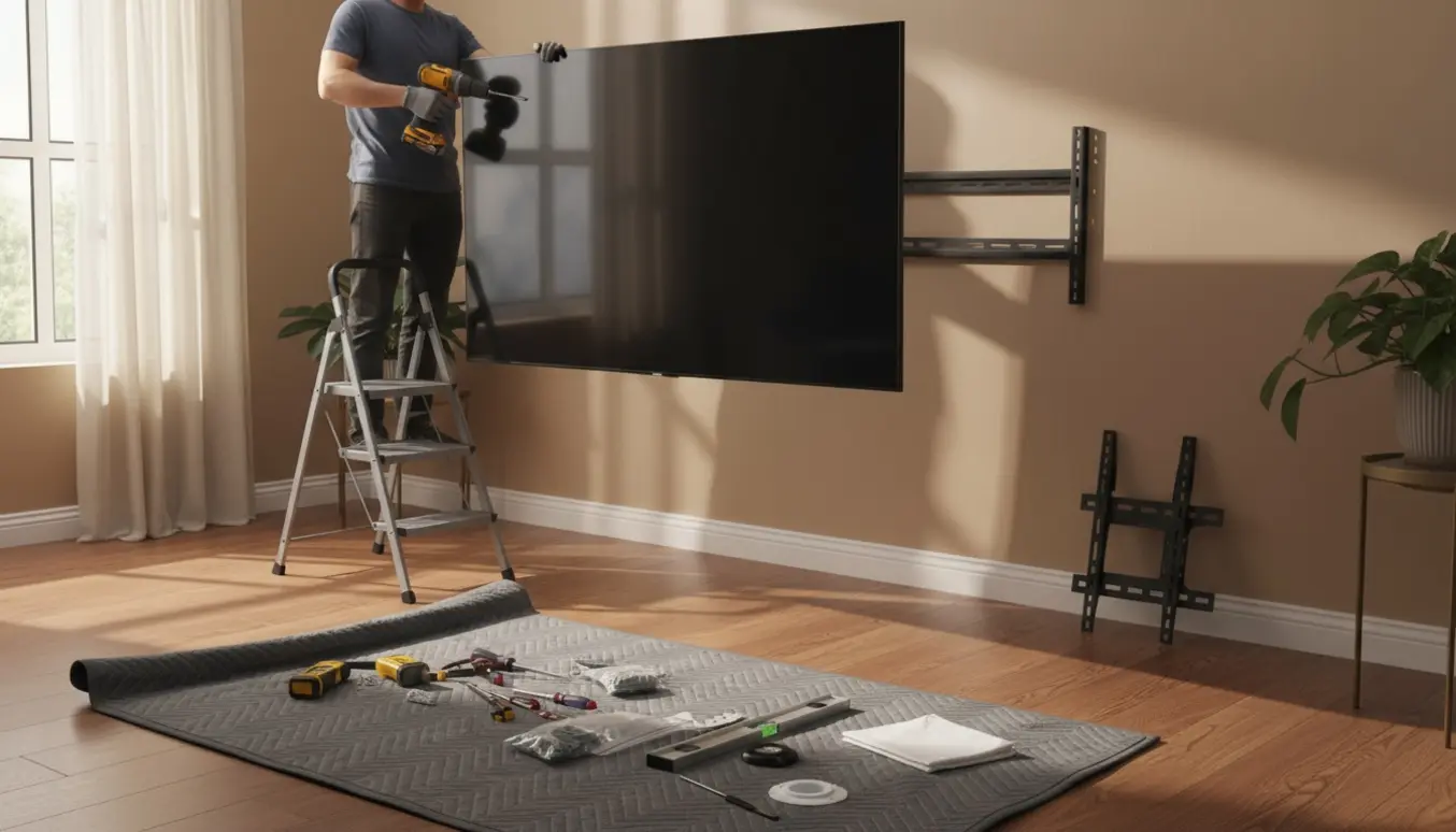 To personer monterer et 55-tommer fladskærms-tv på en væg i et lyst stuemiljø.