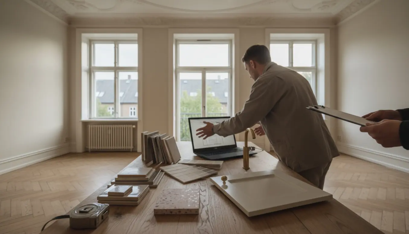 Hænder og materialer til renovering på et bord i en gammel lejlighed på Frederiksberg.