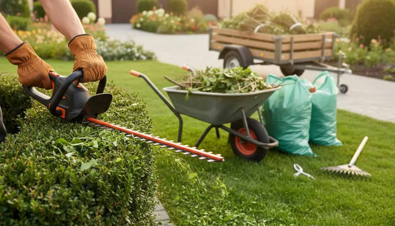 Hækkeklipning og ukrudtsfjernelse med handsker, hækkeklipper og en trillebør fyldt med afklip klar til at blive kørt væk.