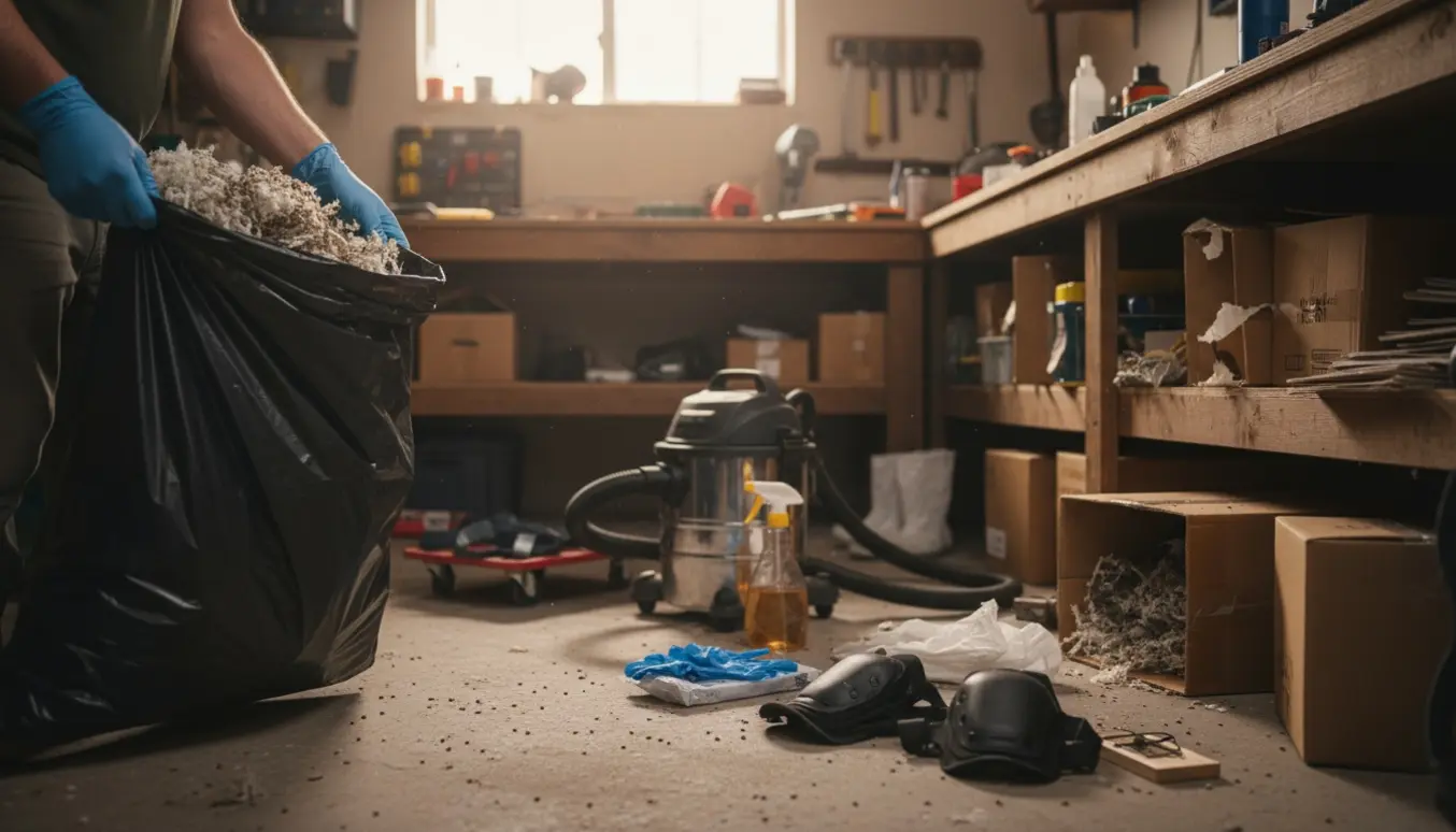 Hænder i beskyttelsesudstyr fjerner musebo og affald fra et værksted med støvsuger og desinfektionsmidler.