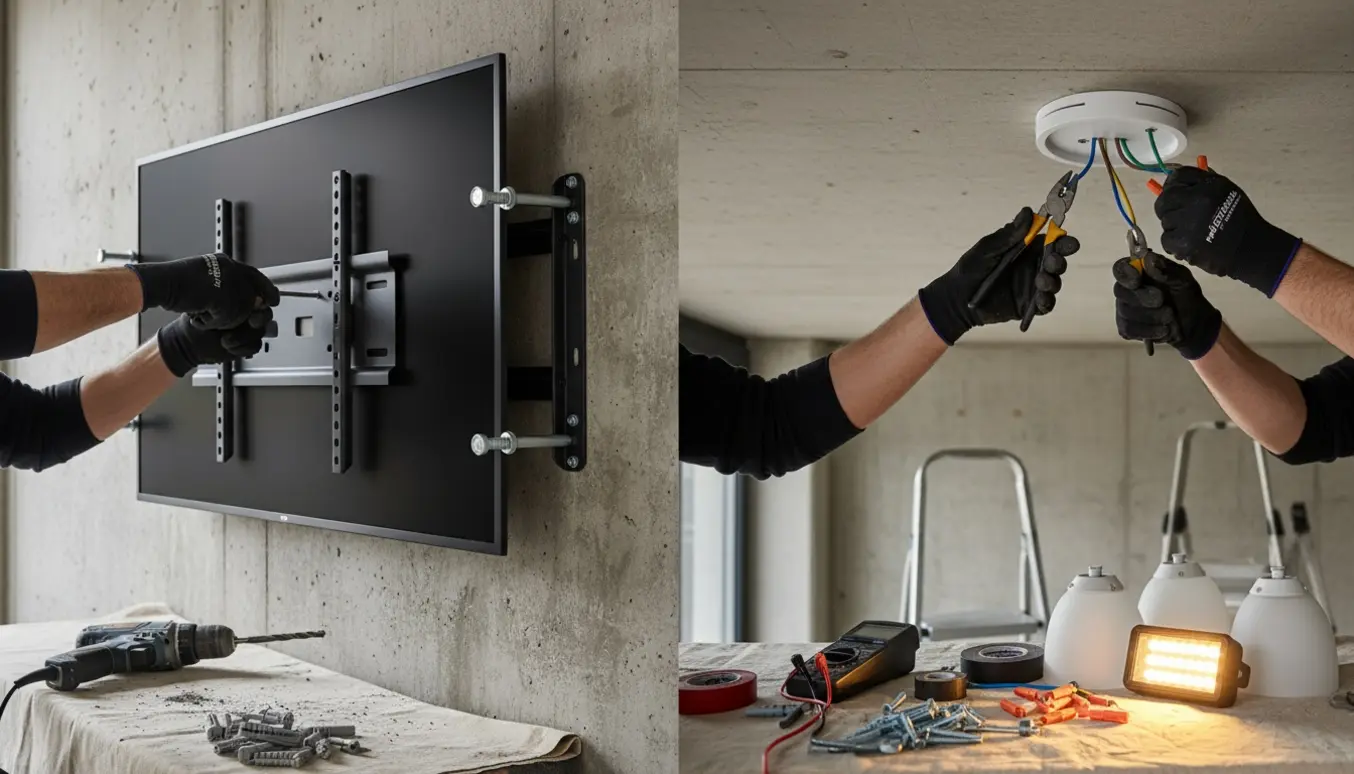 Installatør monterer 65 tommer TV på betonvæg og opsætter loftslamper med værktøj i forgrunden.