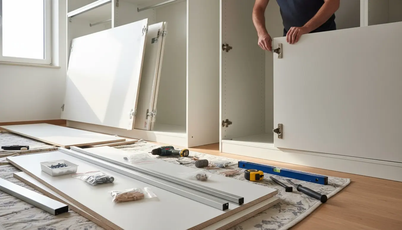 To garderobeskabe under montering i et lyst soveværelse, det ene med skydedøre og det andet med hængslede døre omgivet af værktøj.