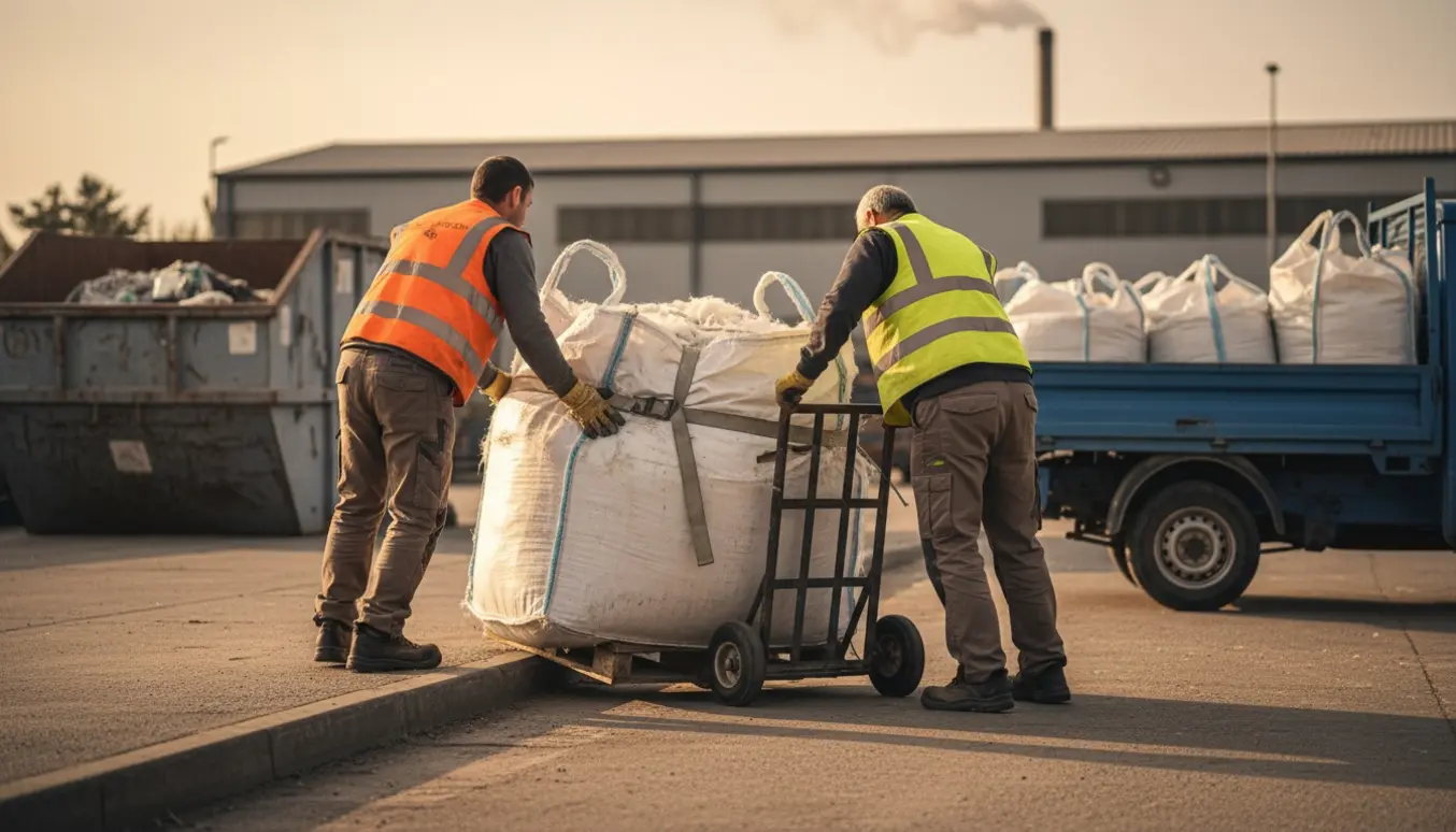 To arbejdere fra ryggen triller en tung isoleringssæk på gaffelvogn ved en affaldsforbrændingsplads.