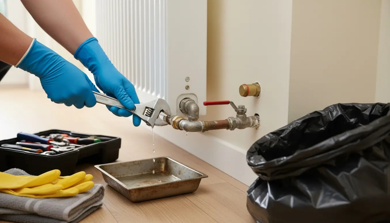 Gloveklædte hænder løsner en vægradiator med skruenøgle, mens en bakke fanger dryppende vand.