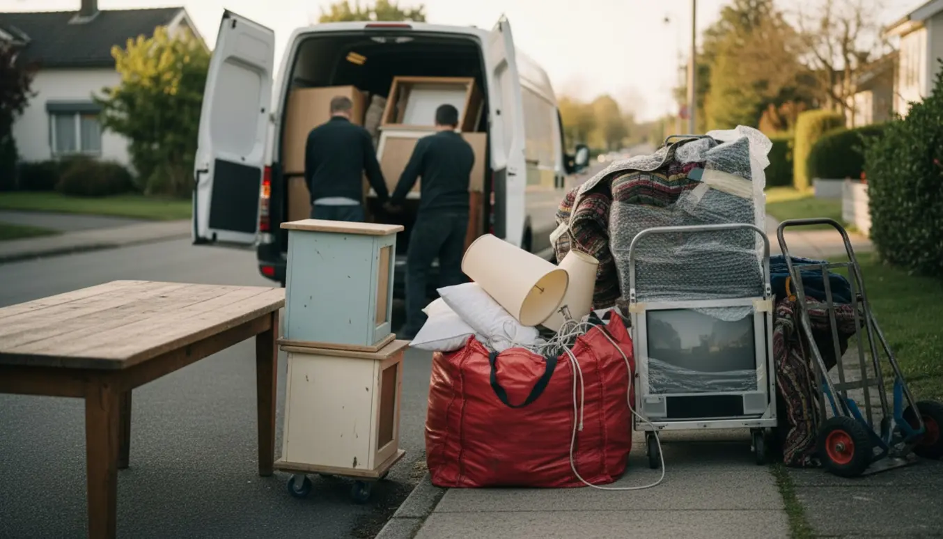 Storskraldsafhentning ved kantstenen med bordplade, to små skabe, rullebord med tv og en stor rød pose.