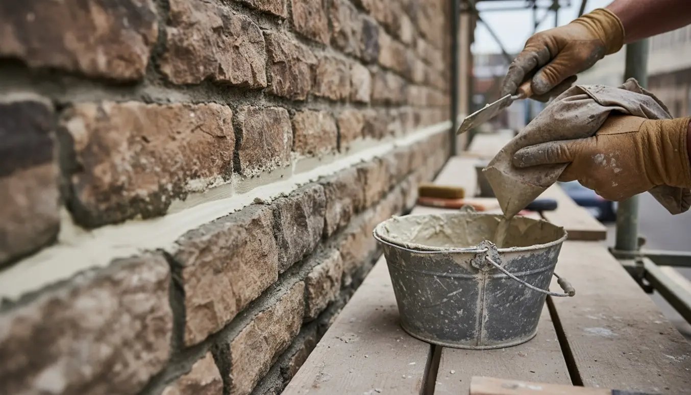 Nærbillede af hænder, der fugeudskifter en stenmur med lys mørtel og murerredskaber i baggrunden.