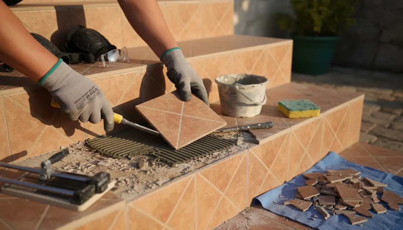 Hænder reparerer trappens fliser med ny klinke, murske, fuge og værktøj i naturligt lys.