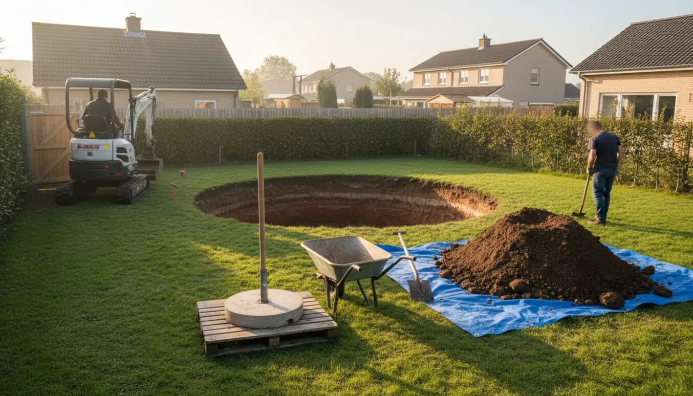 Minigraver ved et rundt udgravningshul til pool i en forhave, med jord i en stak og flagstangssokkel lagt til side.