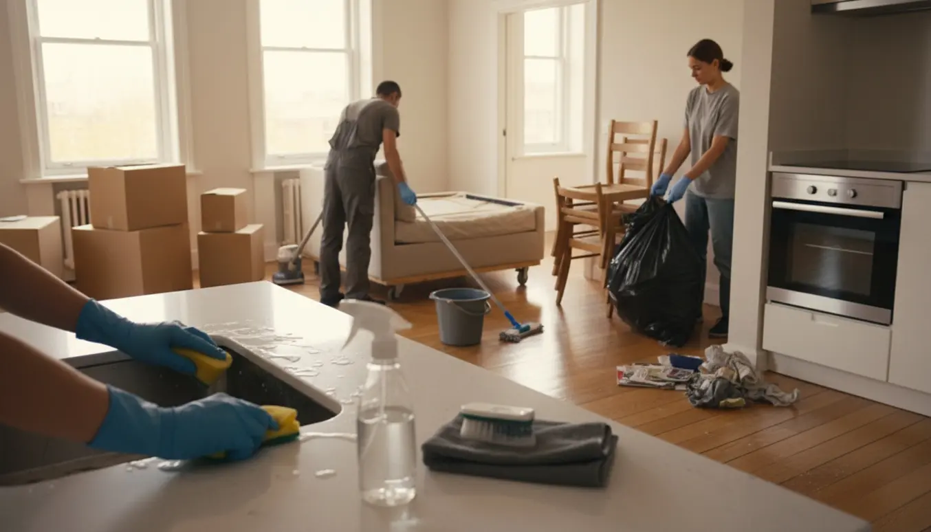 Lejlighed under oprydning med rengøringsudstyr, stabler af møbler og hænder, der rengør køkkenvasken.