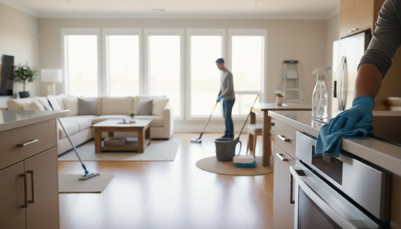 Lys, rummelig bolig under dybdegående rengøring før salg uden synlige ansigter.