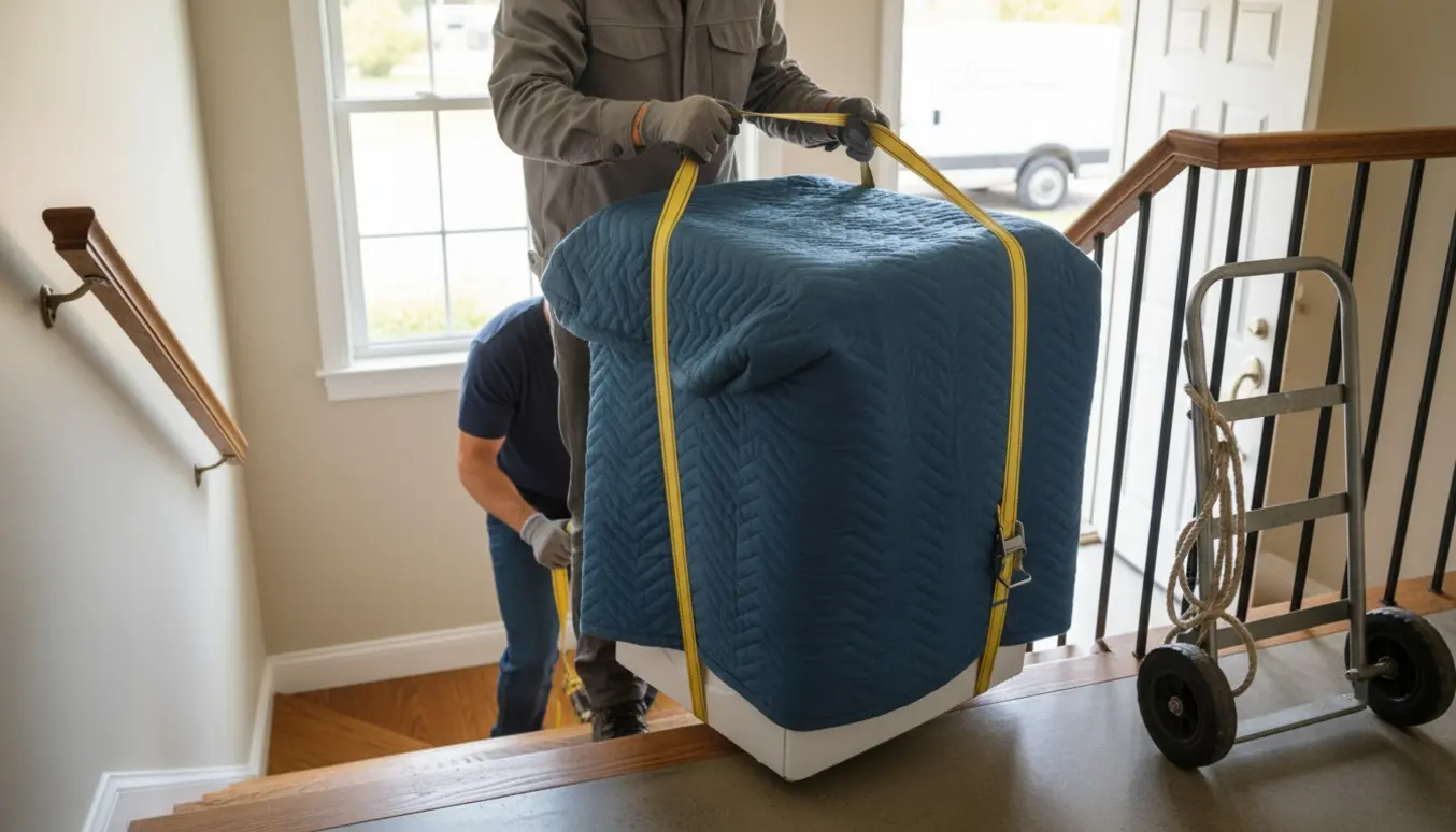 To flyttemedarbejdere sænker en tung vaskemaskine ned ad en trappe med løftestropper og beskyttelsestæpper i morgengry.