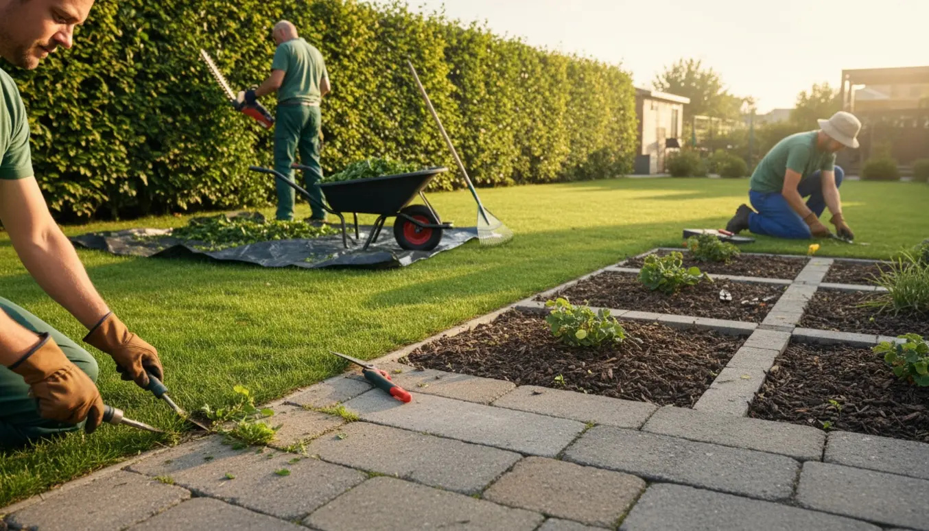 Havearbejde med hækklipning og ukrudtsfjernelse mellem fliser og i blomsterbede, uden synlige ansigter.