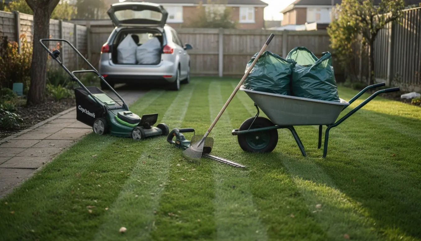 Nyklippet græs og trimmet hæk med fyldte sække og værktøj klar til at blive kørt til genbrugsstationen.