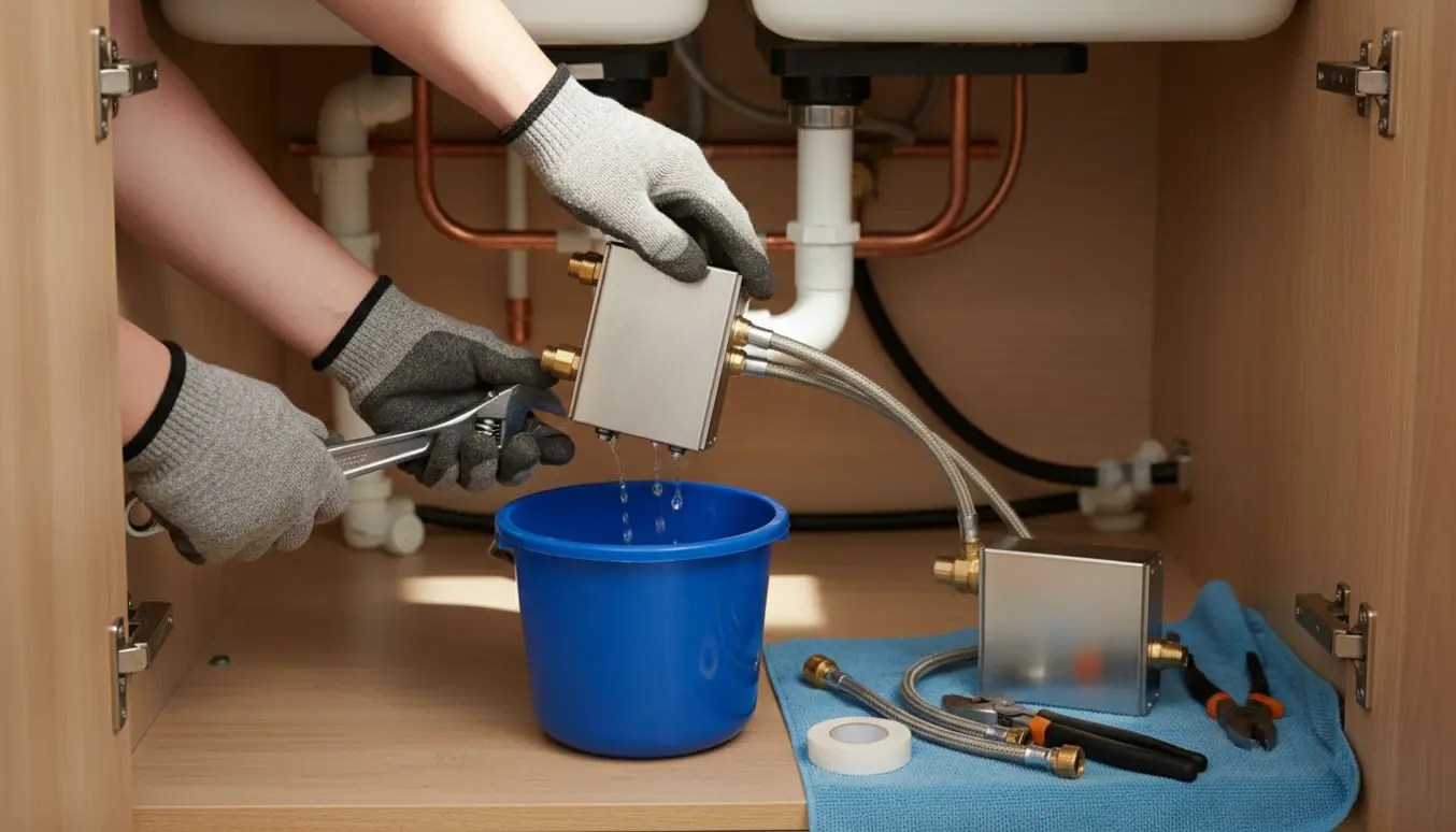 Hænder udskifter en defekt vekselvarmer i et åbent vaskeskab under køkkenvasken.