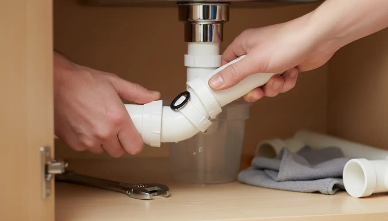 Hænder samler en hvid plast-vandlås under køkkenvasken med en løs gummipakning og værktøj omkring.