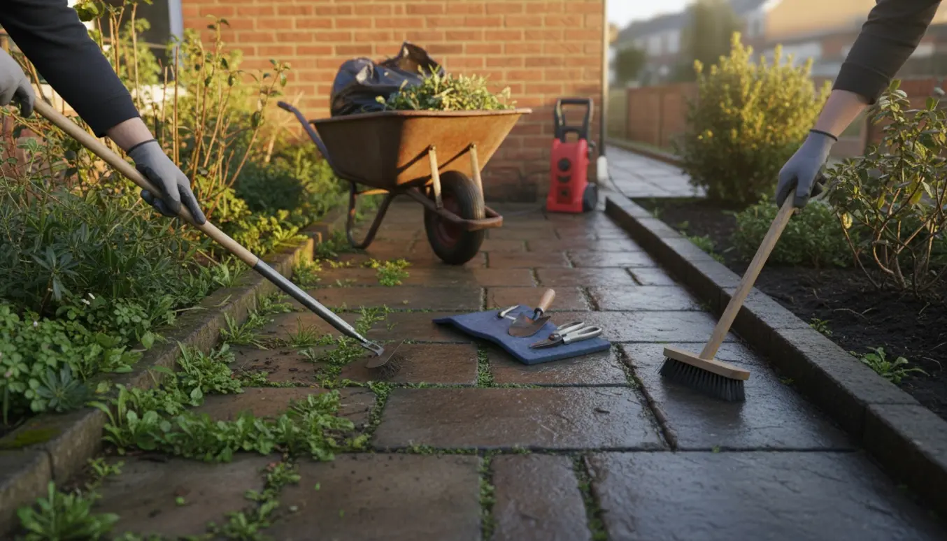 Rækkehusforhave med fliser, hvor handskerede hænder fjerner ukrudt og samler det i en trillebør.