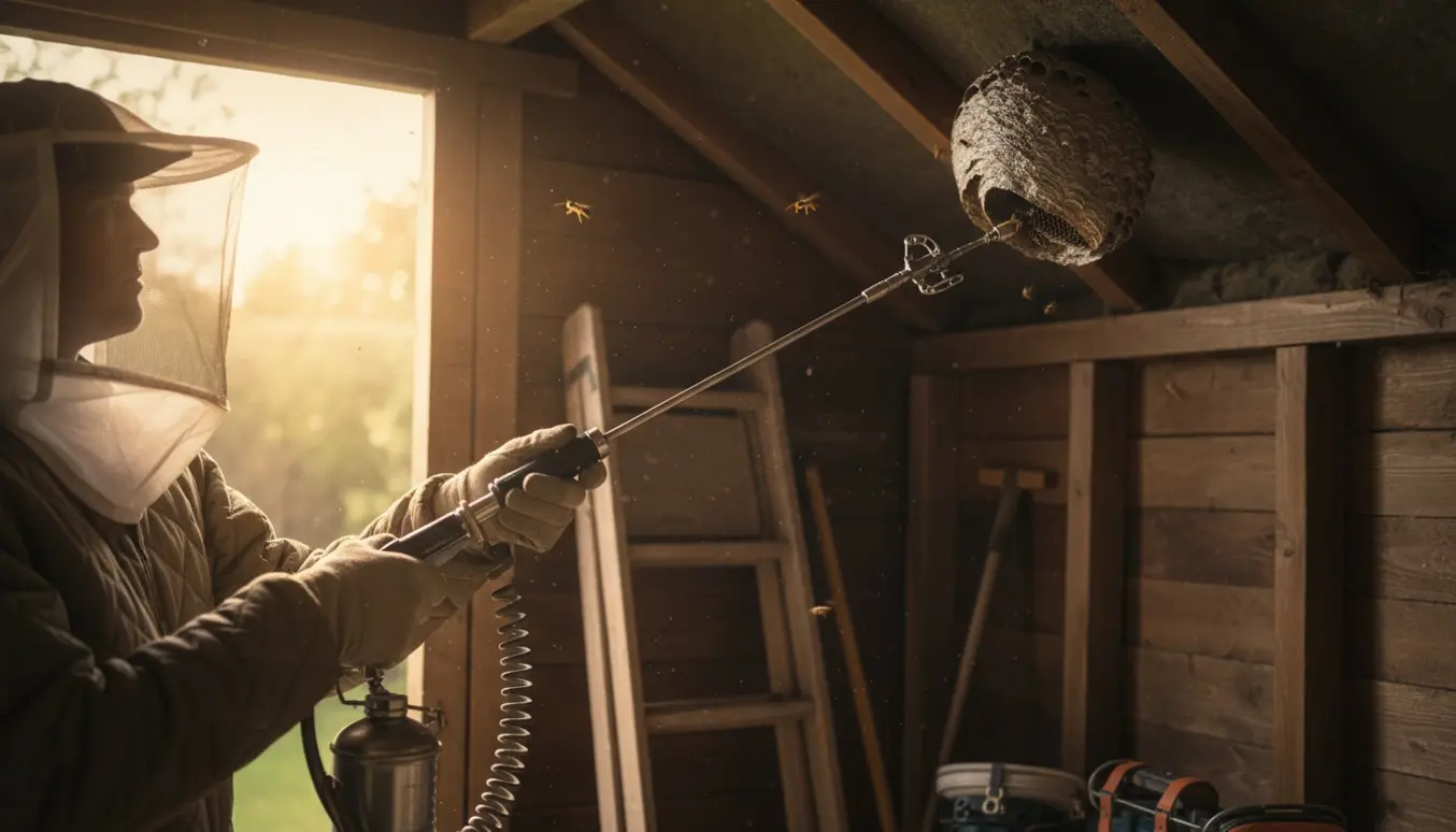 Person i beskyttelsesudstyr fjerner et hvepsebo, der stikker ud af skunken i et skur, med en lang dyse.