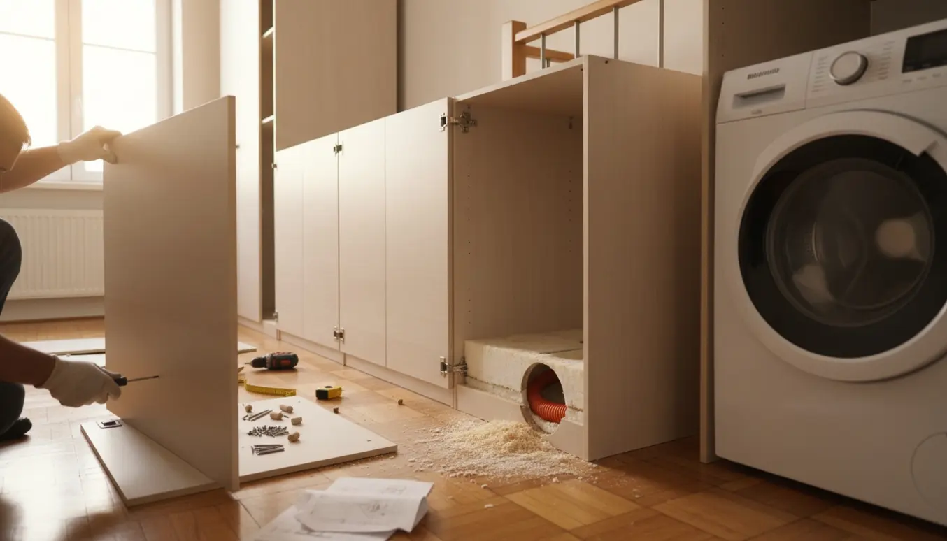 Samling af garderobeskabe i soveværelse med værktøj og udskæring i bunden til gulvvarme.