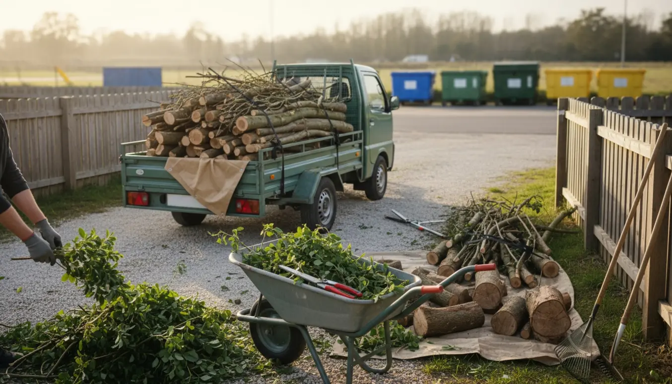 Trailer og trillebør fyldt med afklippede grene og små træstammer klar til afhentning.