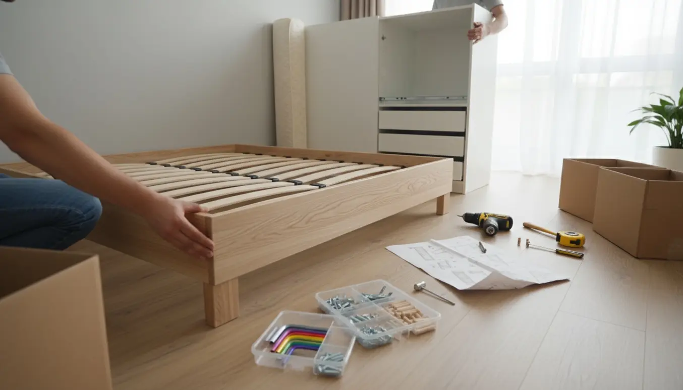 Hænder samler en dobbeltseng og et fladtpakket klædeskab i et lyst soveværelse med værktøj spredt omkring.