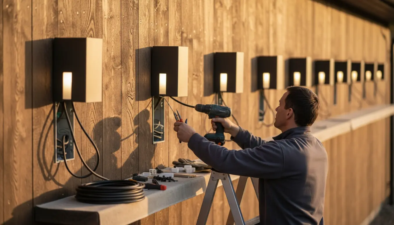 Montør på stige installerer flere udendørs lamper på en træfacade med synlige kabler og værktøj.