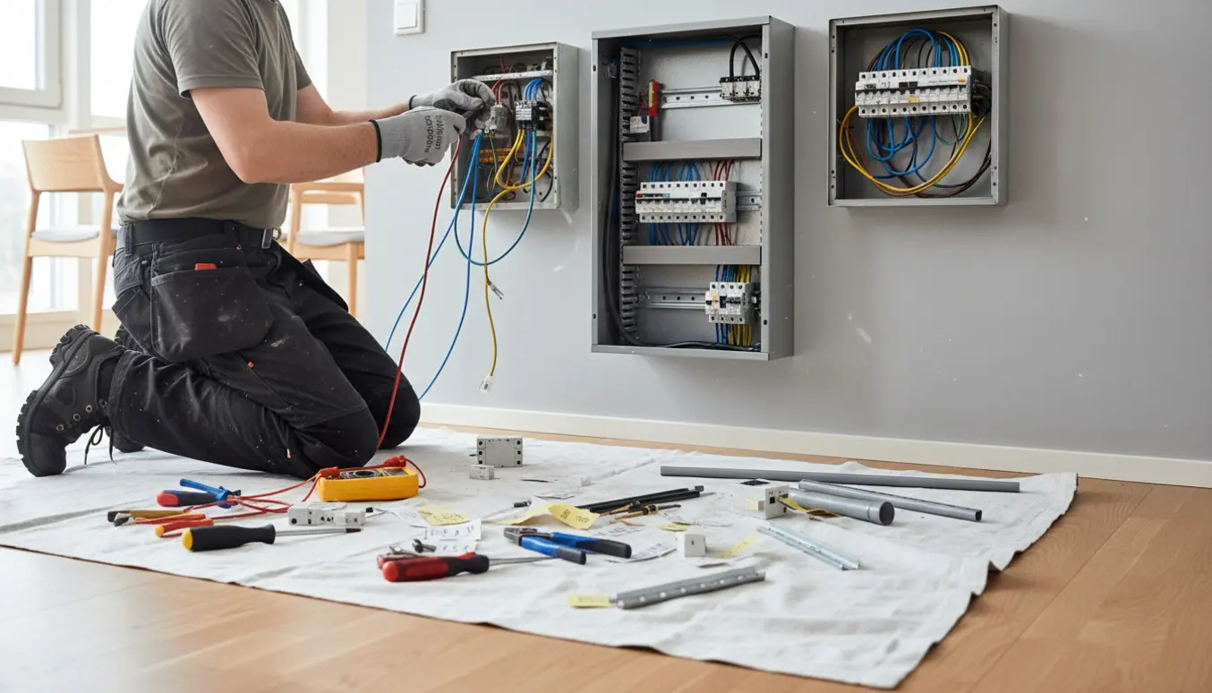 En elektriker samler to eltavler til én i en lys lejlighed med åbne kabler og værktøj.