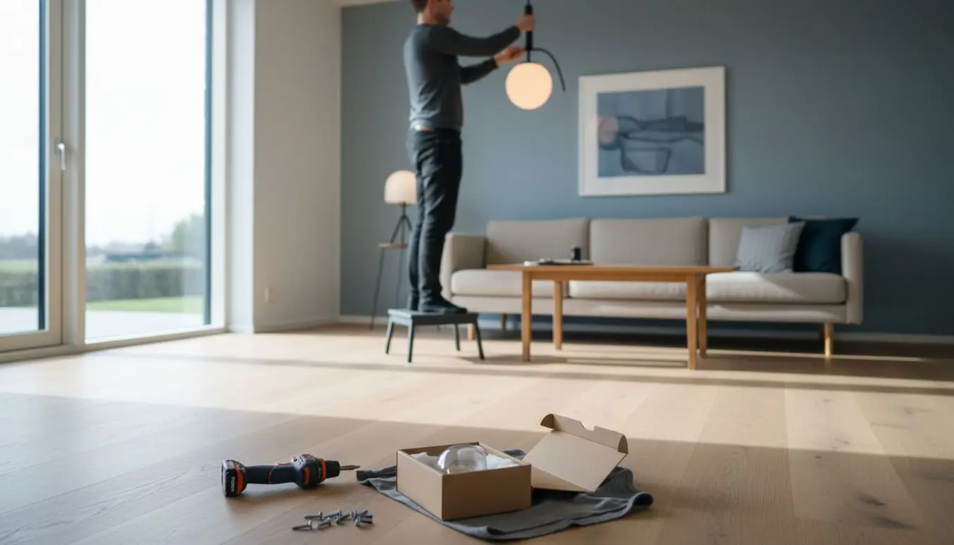 En person monterer en moderne loftlampe i en lys stue i Farum.