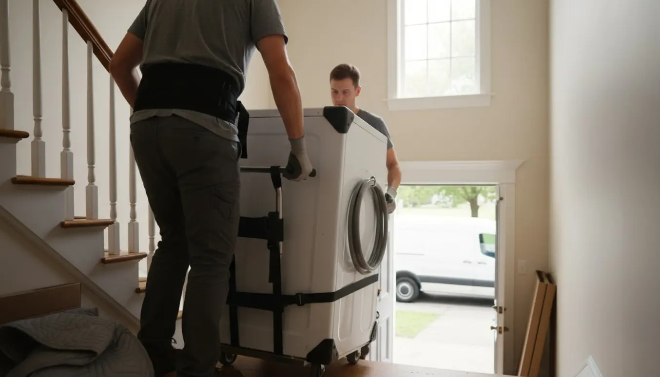 To personer bærer en tung vaskemaskine/tørretumbler ned ad en opgang på vej til genbrug.