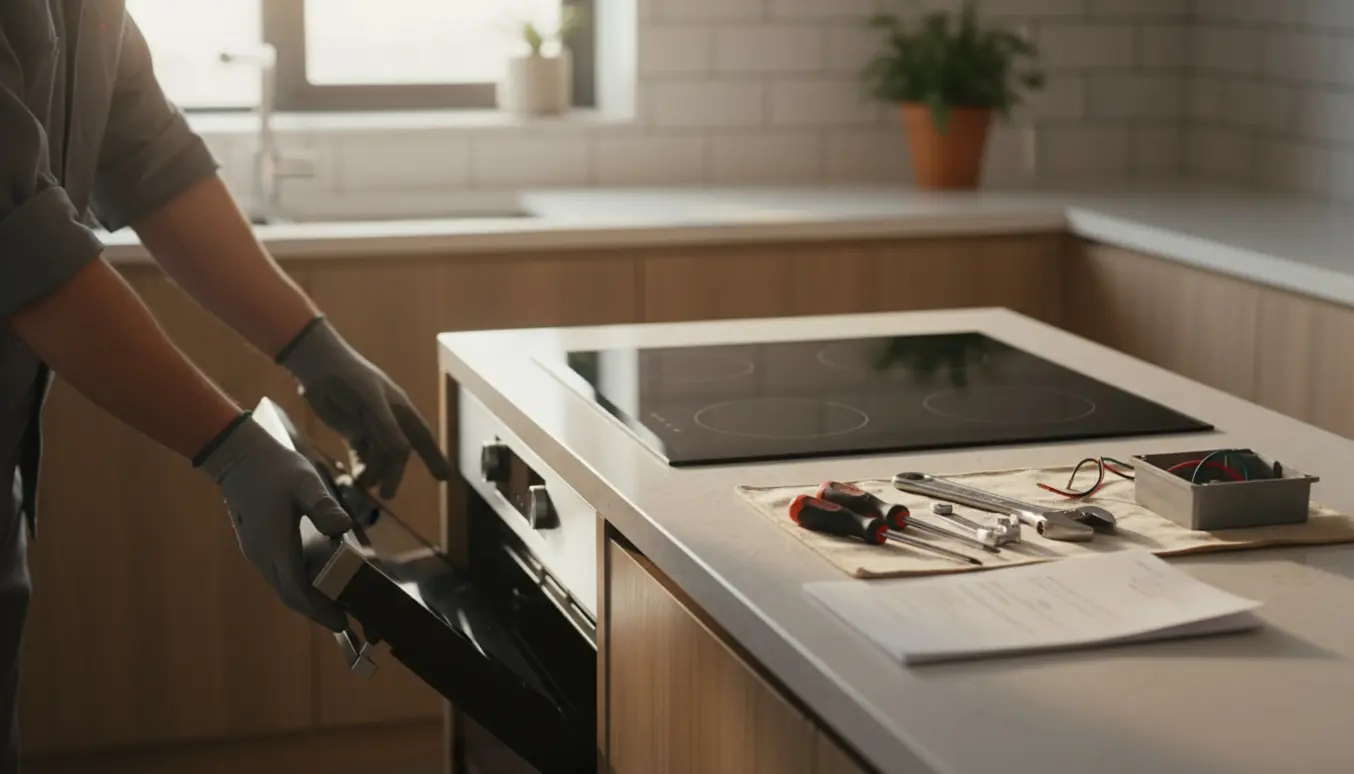 Tekniker monterer en ny indbygningsovn og keramisk kogeplade i et lyst, moderne køkken med værktøj og kabler klart synlige.